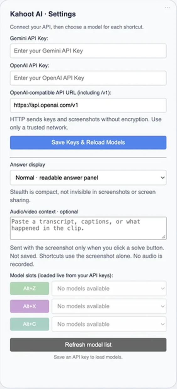The extension’s settings screen with fields for a Gemini key, an OpenAI key and a compatible server URL, an answer display selector, an optional audio/video context field and three model slots.
